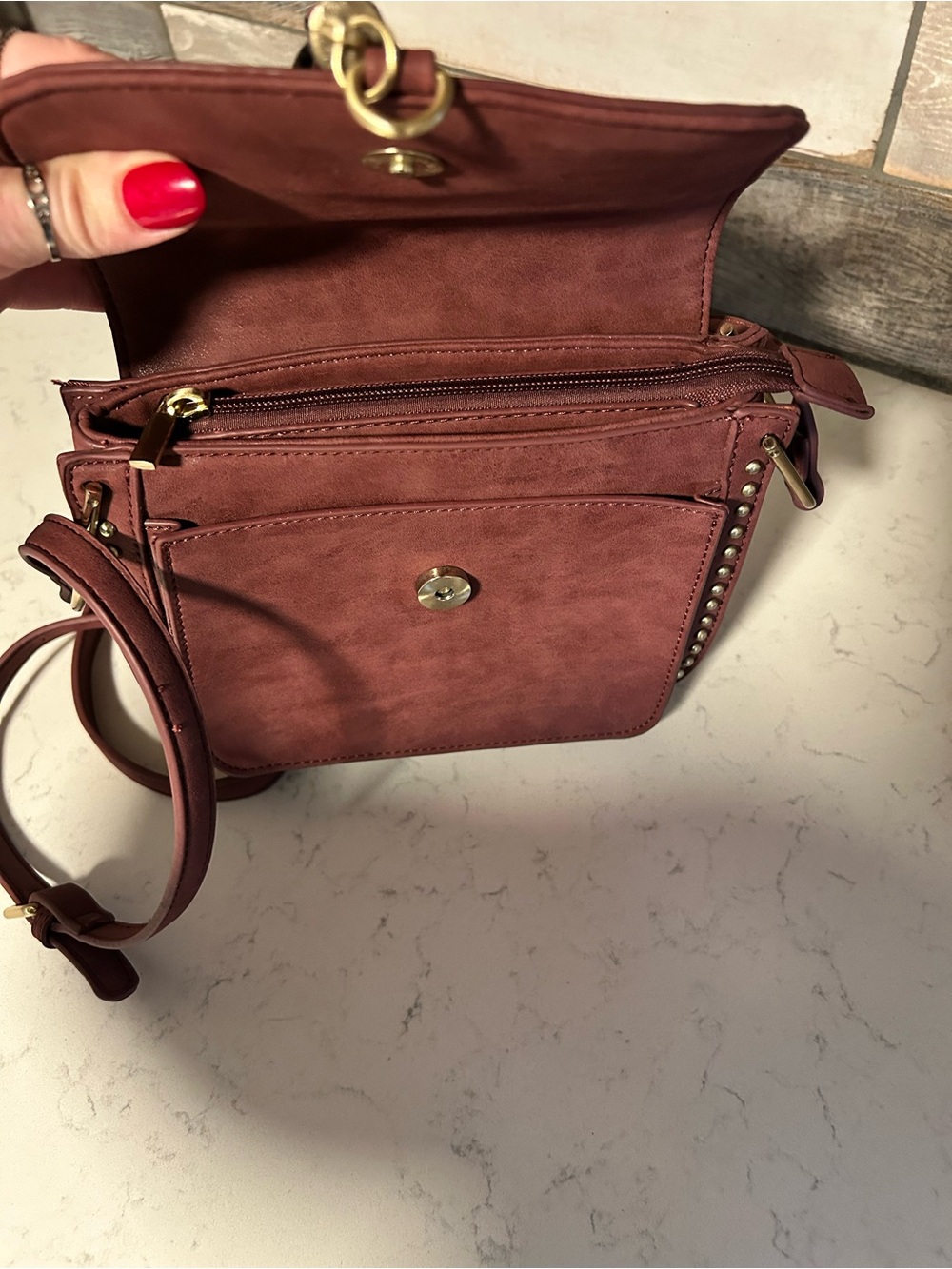 Like New Francesca’s Burgundy Woven Tassel Studded Crossbody Bag - Picture 10 of 14